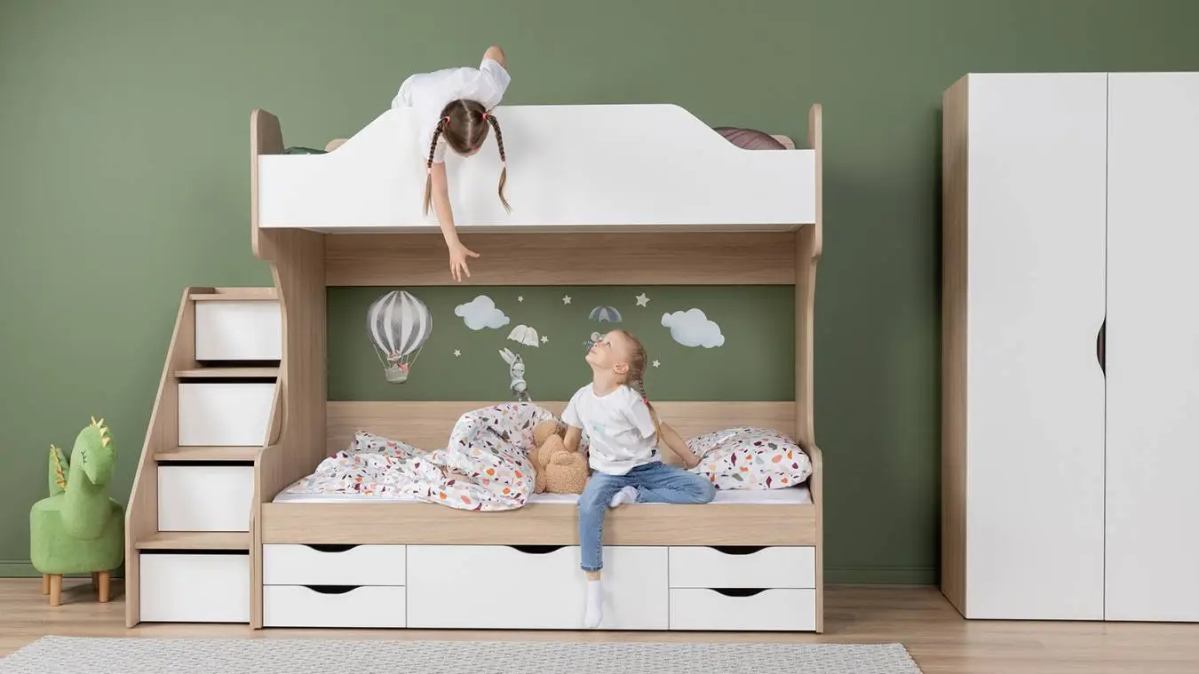 Детская кровать двухъярусная Luna, цвет Дуб Медовый + Белый Премиум фото - 2 - большое изображение